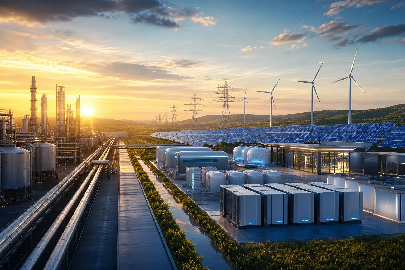 Desert pipeline control station with integrated solar power at golden hour